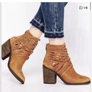 Free People Carrera Leather Tan Strappy Zip Ankle Boots $198 EU Womens 36/US 5